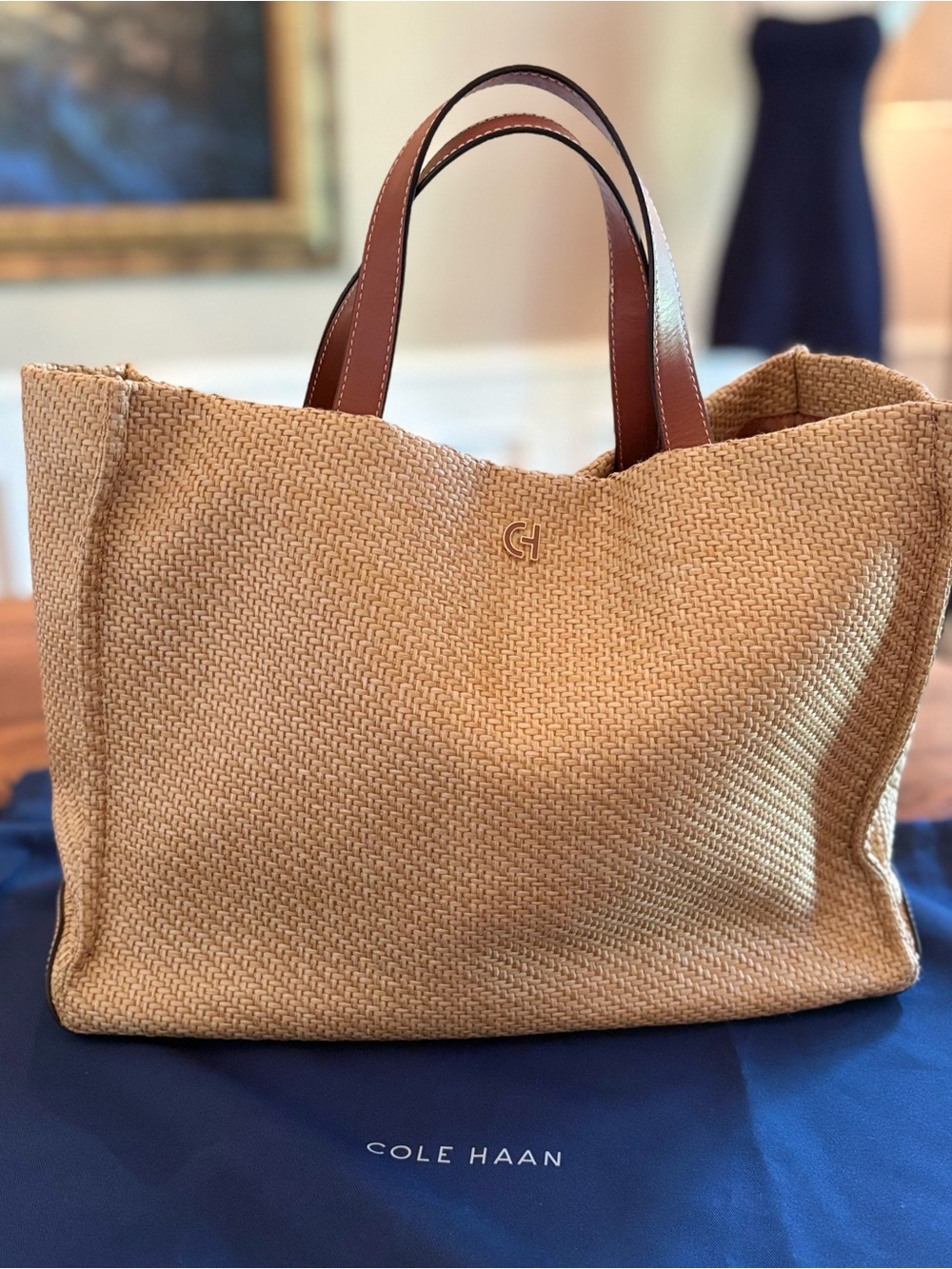 Cole Haan Tan Woven Tote with Brown Leather Handles